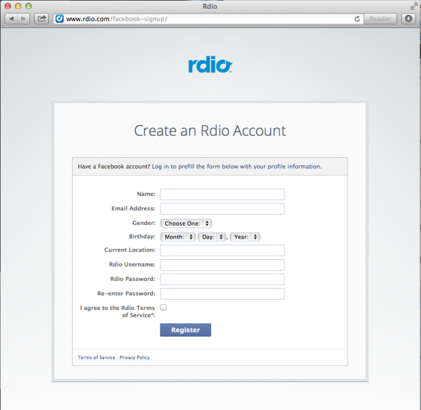 Rdio's create an account using Facebook