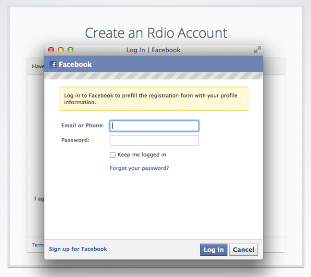 Facebook login panel for Rdio