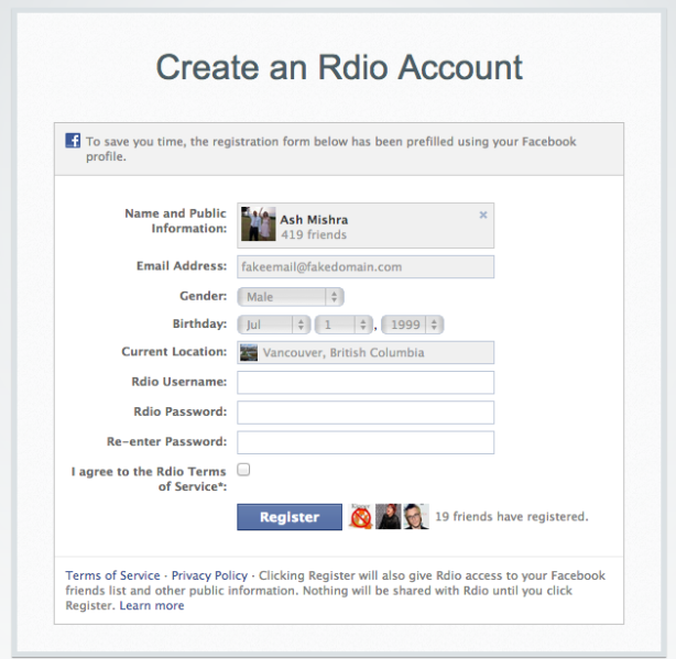 Facebook details returned to Rdio
